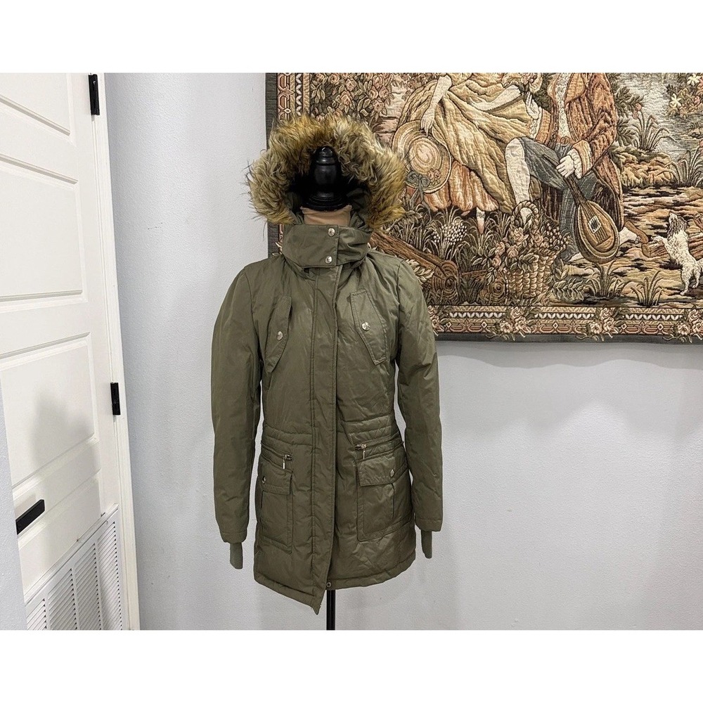 Sam Edelman Jacket Womens Small Green Hooded Parka Coat Faux Fur Trim Puffer - Picture 3 of 14